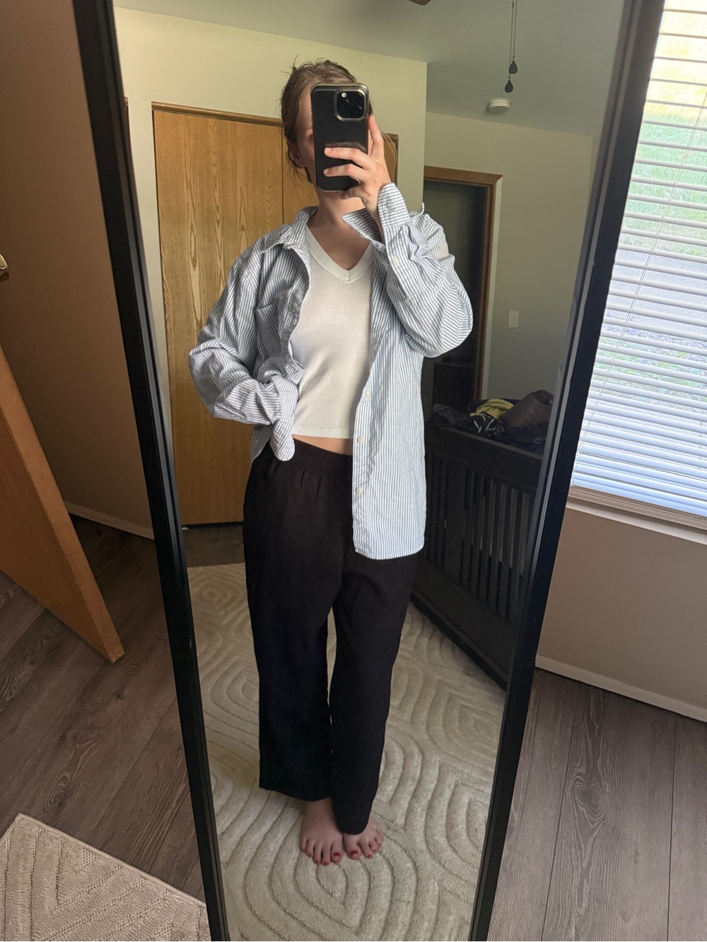 Blue and white oversized button down shirt